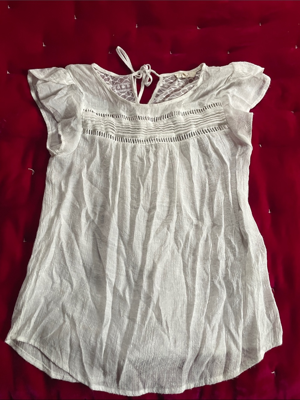 White Lace Yoke Flutter Sleeve Tunic Top